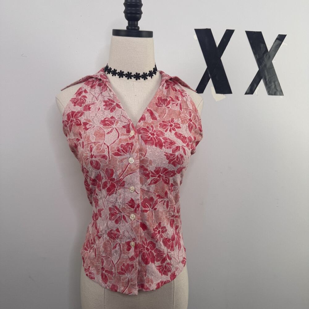 Vintage Y2K Pink Floral Sheer Mesh Fitted Button Up Top Collared Sleeveless S
